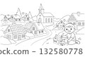 Happy Kid Coloring a House in a Town 132580778