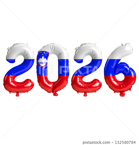 Slovenia flag colors 2026 3d illustration, balloon numbers 3d rendering on .. Slovenia flag colors 2026 3d illustration, balloon numbers 3d rendering on .. 132580784