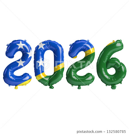Solomon Islands flag colors 2026 3d illustration, balloon numbers 3d render.. 132580785