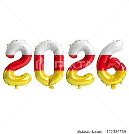 South Ossetia flag colors 2026 3d illustration, balloon numbers 3d renderin.. 132580789