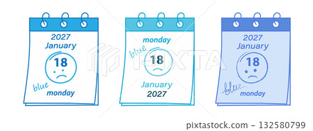 Hand Drawn Text Blue on Calendar Pages with Blue Monday Date in 2027 and Sad smiley face. January 18 132580799
