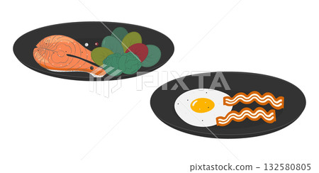 Salmon Steak with Greens and Fried Egg with Bacon Strips Sticker Icon Minimalistic Flat Design Set Salmon Steak with Greens and Fried Egg with Bacon Strips Sticker Icon Minimalistic Flat Design Set 132580805