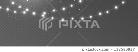 Christmas silver light background. Fairy bulb, banner. New Year luxury string garland. Winter party frame. Led neon line baubles. Festive border. Glow lamp bg. Glitter bright. Vector illustration 132580937