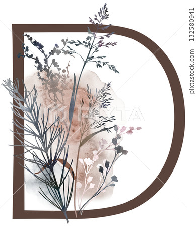 Capital letter D with watercolor autumn leaves and grass in earth tones, winter wedding illustration 132580941