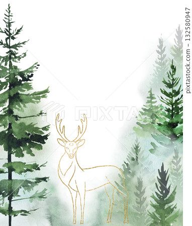 Watercolor green spruce or pine tree misty forest with golden deer, winter isolated illustration 132580947