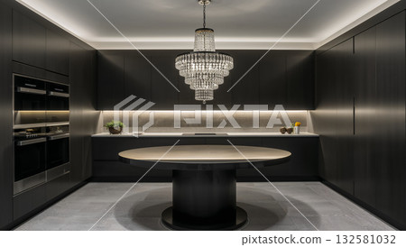 Modern Dark Kitchen with Elegant Chandelier Illumination 132581032