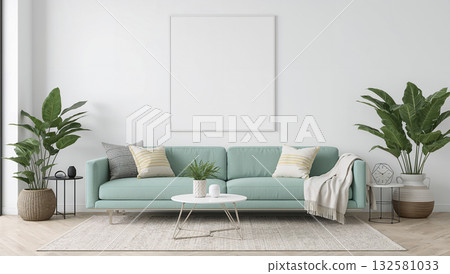Modern living room interior with a mint green sofa and blank wall for art 132581033