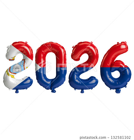 Sint Maarten flag colors 2026 3d illustration, balloon numbers 3d rendering.. 132581102