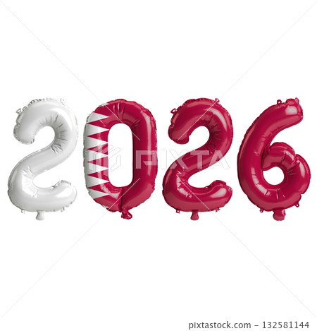 Qatar flag colors 2026 3d illustration, balloon numbers 3d rendering on tra.. 132581144
