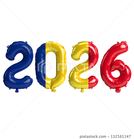 Romania flag colors 2026 3d illustration, balloon numbers 3d rendering on t.. 132581147