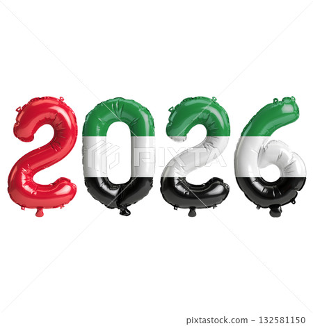 United Arab Emirates flag colors 2026 3d illustration, balloon numbers 3d r.. 132581150