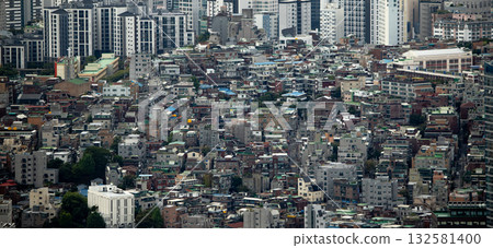 Seoul cityscape showing residential buildings and urban density Seoul cityscape showing residential buildings and urban density 132581400