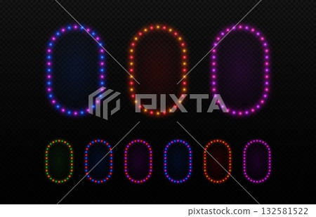 Rectangle frame with neon light bulbs. Glow led lamps rounded border for advertising games, casino and cinema. 132581522