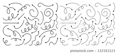 Line arrow with dots. Curved dashes for direction. Wavy navigation elements. 132581523