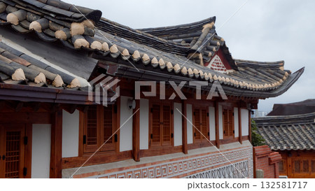 Bukchon Hanok Village rooftops revealing traditional Korean architecture 132581717