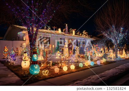 A house glows with many Christmas lights and displays at night. 132581824