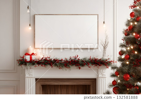 Christmas mantelpiece decoration with a tree and gifts displays holiday cheer. 132581888