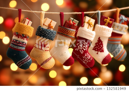 Christmas stockings hang filled with gifts on a blurred background. Christmas stockings hang filled with gifts on a blurred background. 132581949