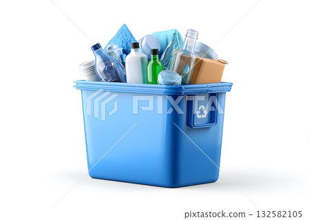 Blue bin collecting items ready to recycle. Blue bin collecting items ready to recycle. 132582105