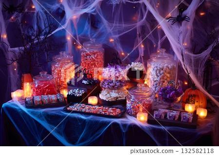 Halloween candy table with spiders and cobwebs 132582118