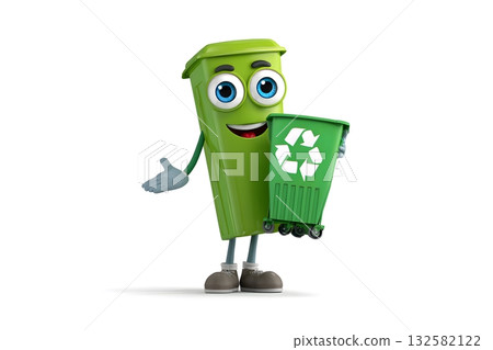 Green character recycle bin holding a smaller recycle bin with recycling symbol. 132582122
