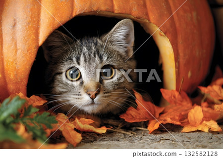 Cat peeking from carved pumpkin during Halloween season with autumn leaves. Cat peeking from carved pumpkin during Halloween season with autumn leaves. 132582128