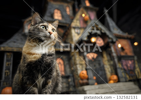 A cat sits before a spooky Halloween house filled with pumpkins and lights. A cat sits before a spooky Halloween house filled with pumpkins and lights. 132582131