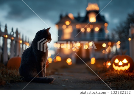 Black cat watches Halloween pumpkins near spooky house lights. 132582132