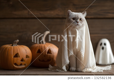 A cat wears a sheet like a ghost costume for Halloween with pumpkins. 132582136