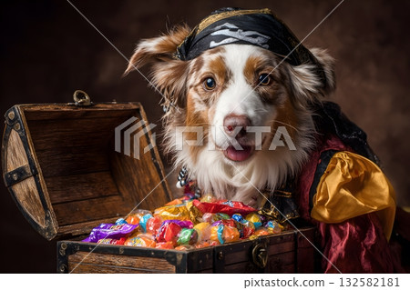 A happy dog wears a pirate costume and guards a chest full of Halloween candy. 132582181
