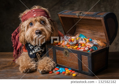 A dog dressed for Halloween sits by a treasure chest filled with candy. 132582182