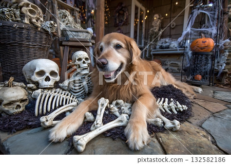 A happy dog sits among Halloween decorations and skeletons. 132582186