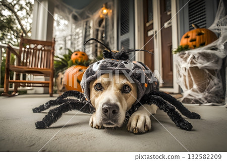 Dog dressed as spider for Halloween lies down. 132582209