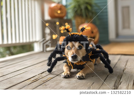 A dog wears a spider costume for Halloween on a wooden porch with pumpkins. 132582210