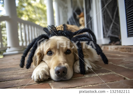 Dog wears a spider costume for Halloween resting its head on paws. 132582211