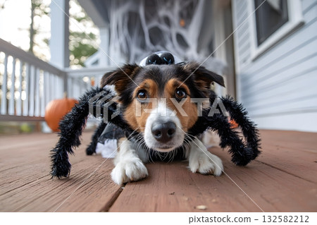 A dog wears a spider costume for Halloween celebration on a porch 132582212