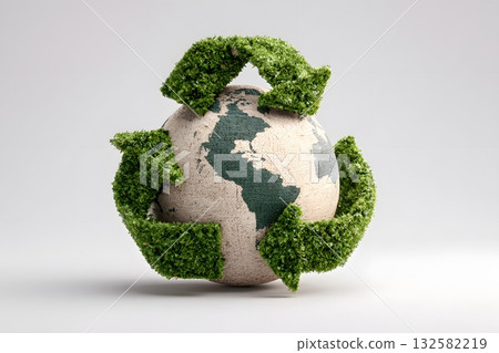 Green arrows recycle around a planet earth model. Green arrows recycle around a planet earth model. 132582219