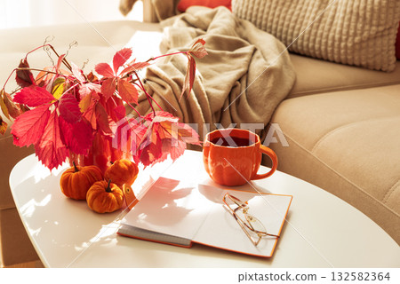 Cozy Autumn Living Room Scene with Mug, Notebook and Seasonal Decor under Sun Light 132582364