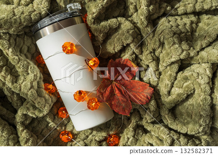 Festive Autumn Tumbler with Pumpkin Lights and Cozy Blanket 132582371