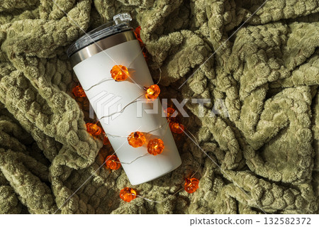 Festive Autumn Tumbler with Pumpkin Lights and Cozy Blanket Festive Autumn Tumbler with Pumpkin Lights and Cozy Blanket 132582372