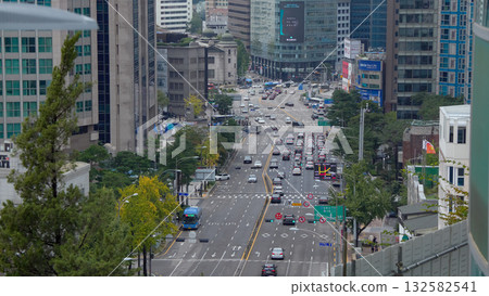 Traffic moving through downtown Seoul street cityscape Traffic moving through downtown Seoul street cityscape 132582541