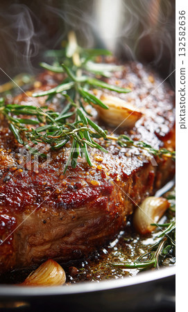 Succulent steak cooking in a skillet with fresh herbs Succulent steak cooking in a skillet with fresh herbs 132582636