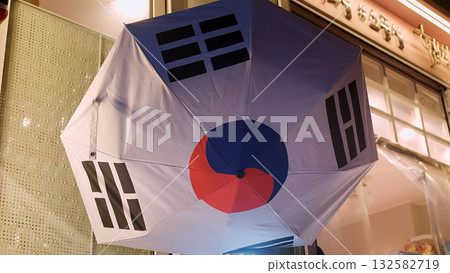 South Korean flag umbrella hanging in Seoul South Korean flag umbrella hanging in Seoul 132582719