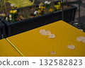Close-up of fallen autumn leaves scattered on a wet yellow table after rain. 132582823