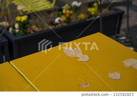 Close-up of fallen autumn leaves scattered on a wet yellow table after rain. 132582823