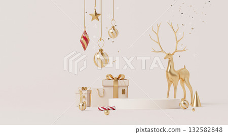 3D render, Golden reindeer and Christmas gifts with hanging ornaments on beige background 132582848