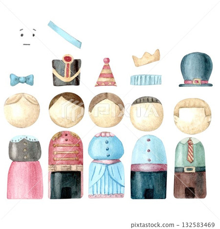 A set of wooden men for children's construction in retro style, painted in watercolor, a prince, a princess, a soldier, a hussar, a girl, and a boy. the figures are painted on a white insulated layer, A set of wooden men for children's construction in retro style, painted in watercolor, a prince, a princess, a soldier, a hussar, a girl, and a boy. the figures are painted on a white insulated layer, 132583469