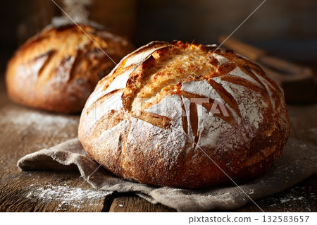 Fresh bakery bread sits on a cloth, dusted with flour, ready to serve. 132583657