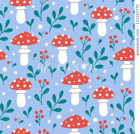 Seamless pattern of fly agarics, berries, and flowers on a blue background. Vector graphics Seamless pattern of fly agarics, berries, and flowers on a blue background. Vector graphics 132583770