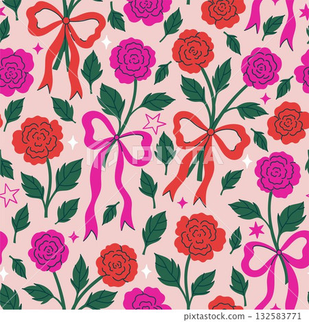 Seamless pattern of red and pink flowers tied with bows. Vector graphics. Seamless pattern of red and pink flowers tied with bows. Vector graphics. 132583771